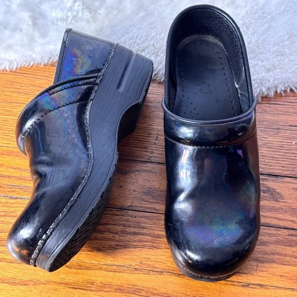Dansko Professional Leather Clogs Petrol Patent Black Footwear Sz 8 - Picture 1 of 10